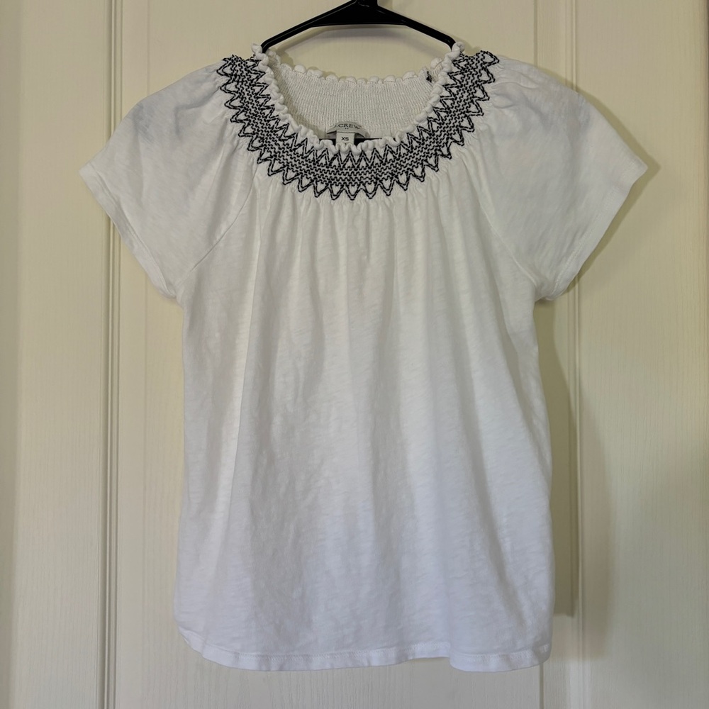 J.Crew Smocked Embroidered Neck Top White Black XS
